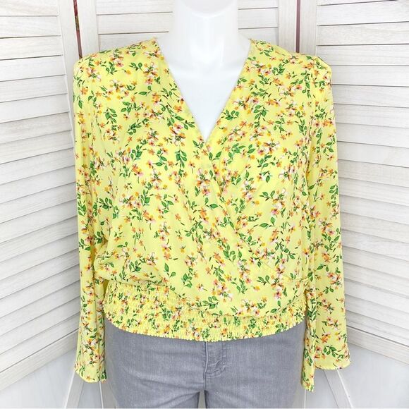 For The Republic Floral Bell Sleeve Surplice Blouse Yellow Large - Picture 2 of 13